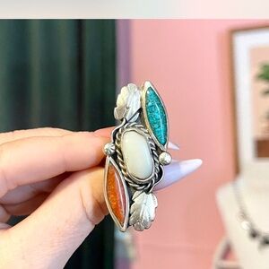 Coral, MOP, and Turquoise Southwestern Statement Ring